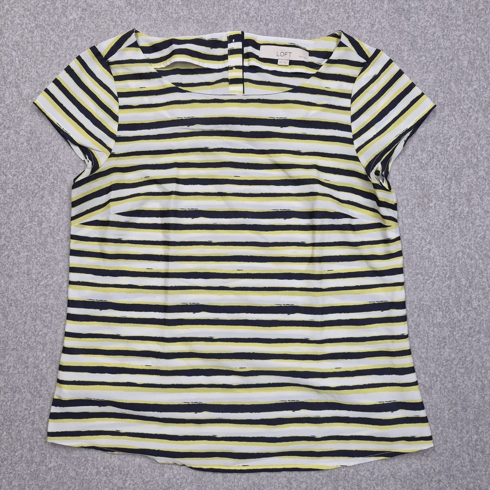 LOFT Petites Shirt Womens M Striped Short Sleeve Top Navy Lime Green Boatneck